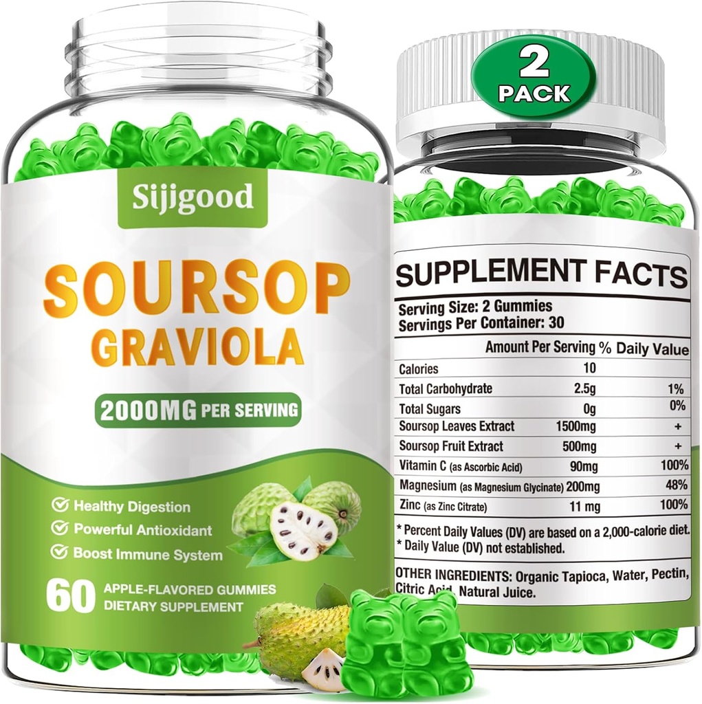 2 Pack Soursop Graviola Gummies - Organic Soursop Leaves & Fruit Extract - Digestive Aid, Imunite Support & Antioxidant Vlastnosti - 120 Jablečné ochucené gumy