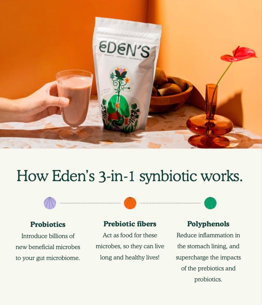 Eden 3in-1 Synbiotický dodatek 124; Prebiotika, Probiotika & Polyfenol Gut Zdravotní dodatek, Jednou denně, 8g Fiber