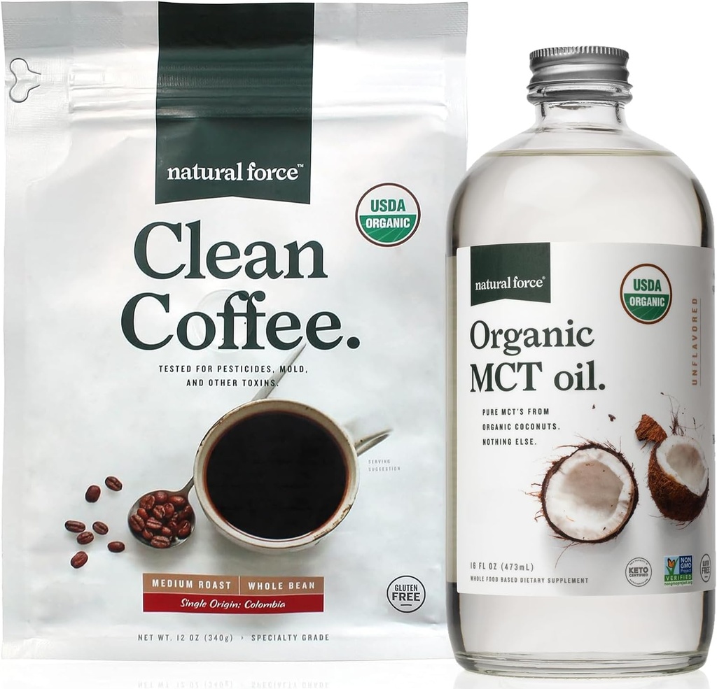Natural Force Organic Clean Coffee + Organic MCT Oil Bundle - 100% čisté kokosové MCTs & Mold & Mycotoxin Free Coffee - Non- GMO, Keto, Paleo, a Vegan - 12 Oz Bag a 16 Oz skleněná láhev