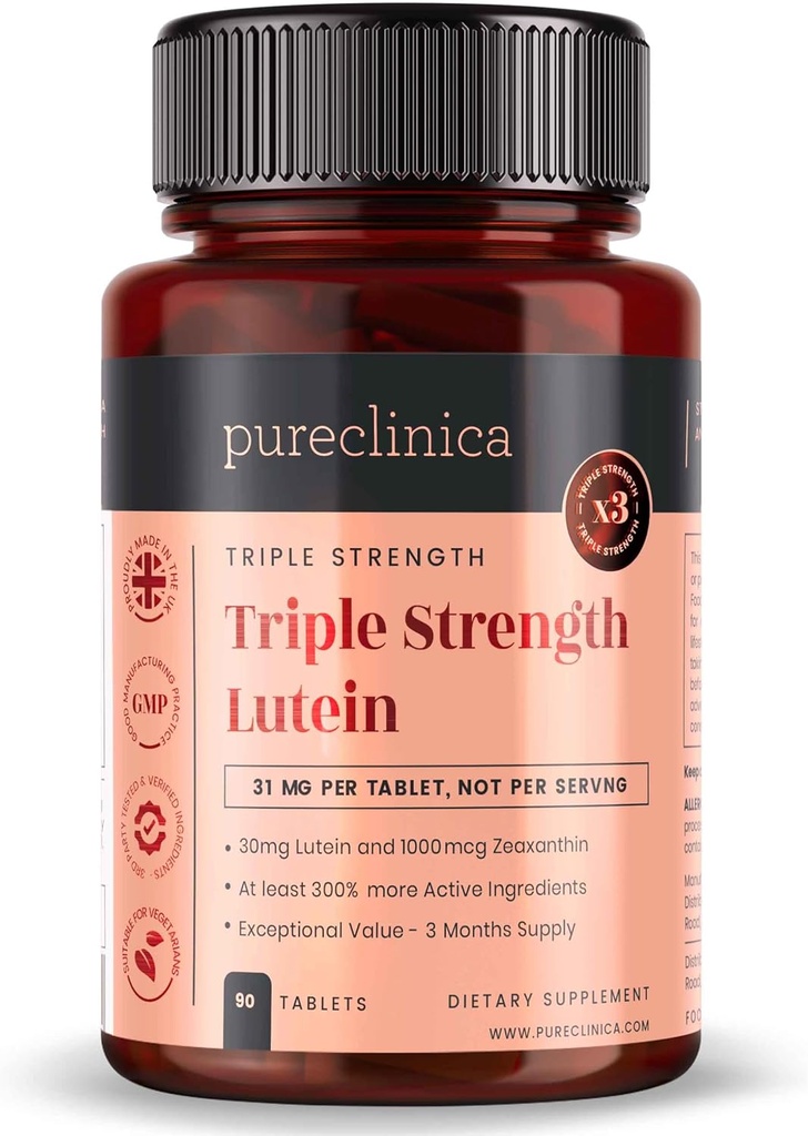 pureclinica Lutein 30 mg s Zeaxanthin 1000mcg - Triple Strength Supplement, 90 tablet (3- Month Supply)