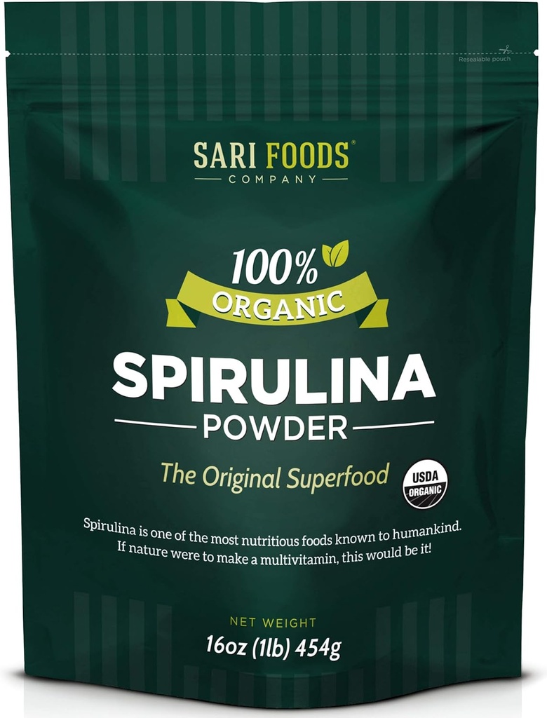 Organic Spirulina prášek (16 Ounce): přirozeně vegan, dodává folát, vitamín B12, železo, Omega mastné kyseliny, GLA, Beta karoten, chlorofyl, aminokyseliny