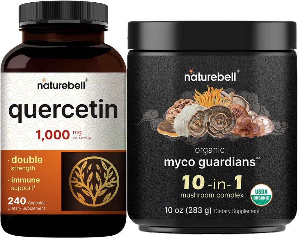 NatureBell Quercetin 1000mg per Serving & 10 in 1 Houbový prášek, 10oz Bundle Pack curren124; Ultra síla Quercetin dodatek curren124; Imunite Booster & Brain Health Support