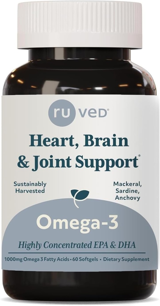 Ruved Omega-3 - Omega 3 Rybí olej, 1000mg per Capsule, EPA & DHA Rybí olej doplněk pro ženy a muže, srdce, mozek, a společná podpora - 60 Softgel kapsle (1 Počet)