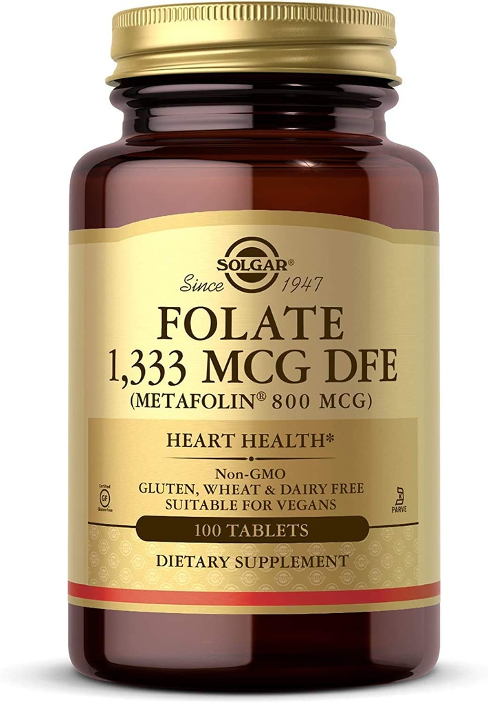 Solgar Folate 1,333 mcg DFE, 100 Tablet - 800 mcg Bio- Active Metafolin - Heart Health - Non- GMO, Vegan, Gluten Free, Dairy Free, Kosher - 100 Servings