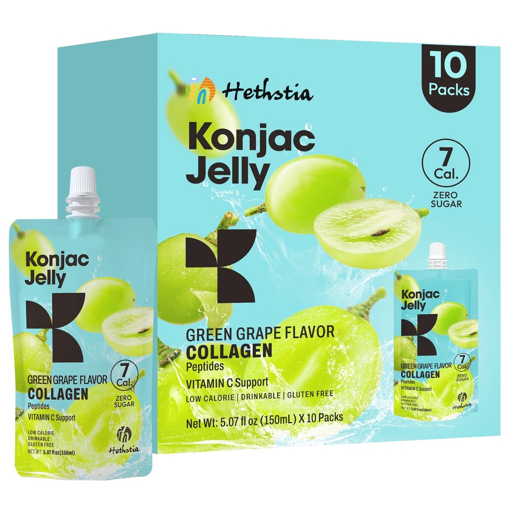 Hethstia Konjac Jelly Green Grape Flavor, 10 Pouches, Nápoj Grape Jelly s kolagen Peptides, 7 Kcal, Sugar Free, Gluten Free, Keto, Vegan, On-Be- Chewy Light Snacks
