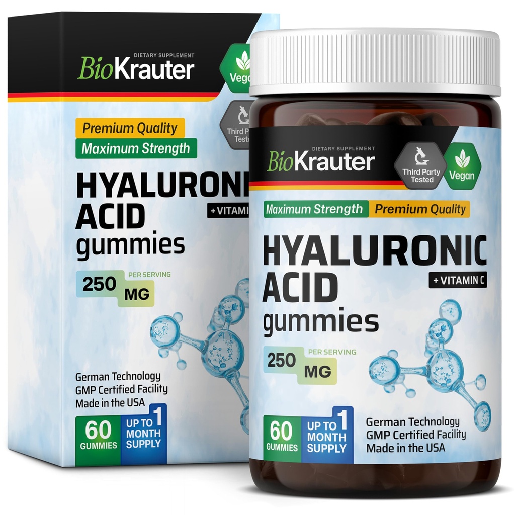 BIO KRAUTER Hyaluronic Acid Gummies w / Vitamin C - 250 mg - 60 Vegan Chews - Hyaluronic Acid Supplementary - Pectin- based