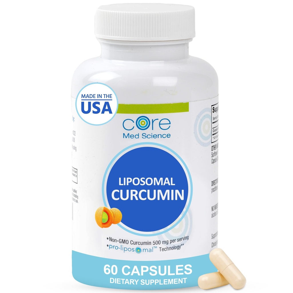 Core Med Science Lipozomální kurkumin Kapsle, 500mg - Čisté turmerické Extract Dodatek - Vysoká absorpce kloubu a srdce Zdraví pro dospělé - Podporuje Cognitive & Brain Health, Non- GMO (60 Počet)