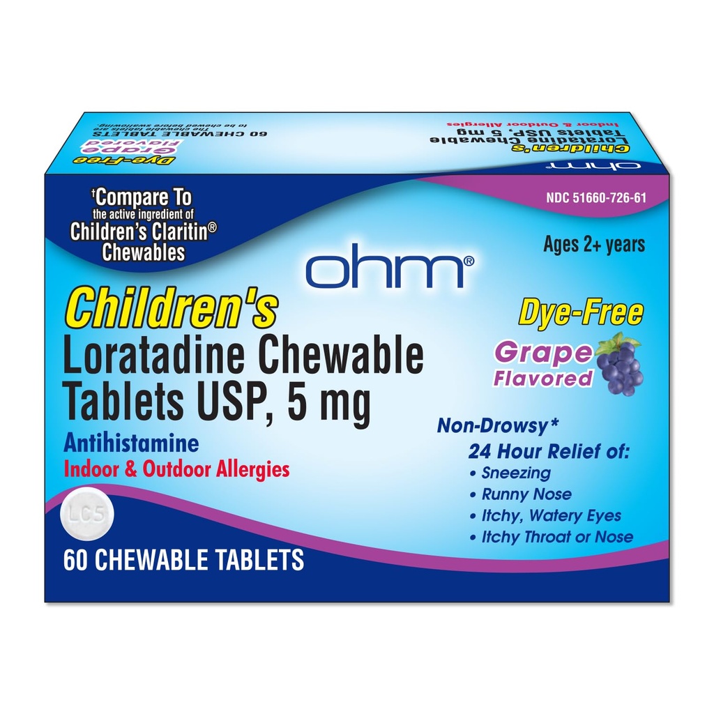 Ohm Dětské Žvýkací tablety, Barviva zdarma, Grape, Non- Drowsy 24h Relief z kýchání, Runny Nose, Itchy Watery Eyes, Throat nebo Nose, Antihistamin, Indoor & Outdoor Alergie, 5mg, 60 Tablety