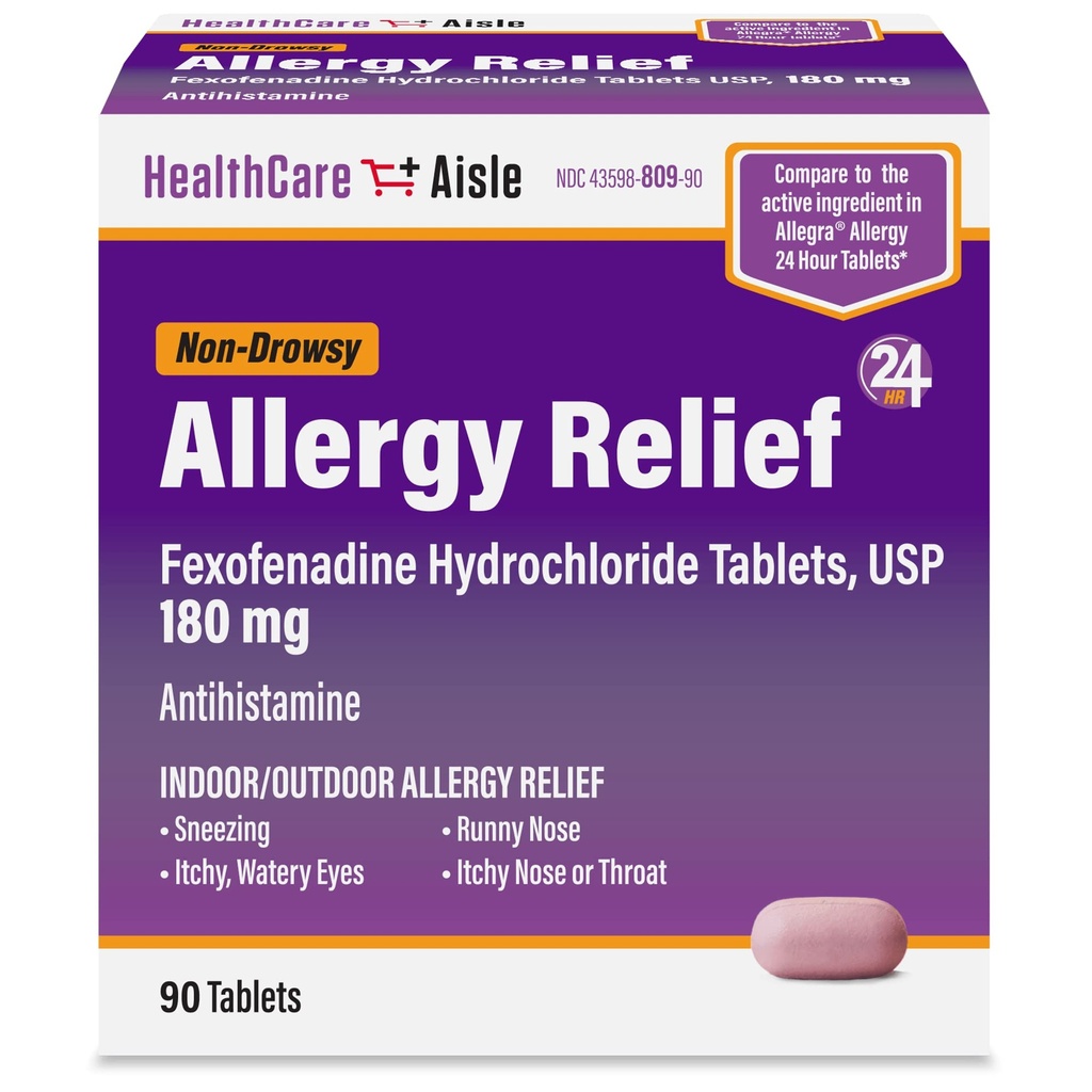 HealthCareAIsle Alergics Relief - Fexofenadine Hydrochloride Tablety USP, 180 mg, 90 Tablety, Alergie Medikace, Non- Drowsy 24- Hodinové Relief