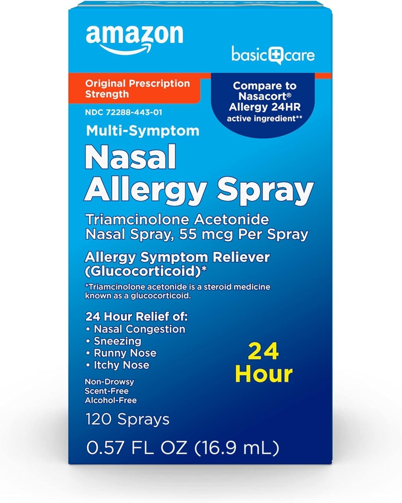 Basic Care 24 Hodin Alergie Nasal Spray, Triamcinolone Acustomide 55 mcg per spray, Alergie Medicine, Non- Drowsy, 0, 57 fl oz (Balení po 1)