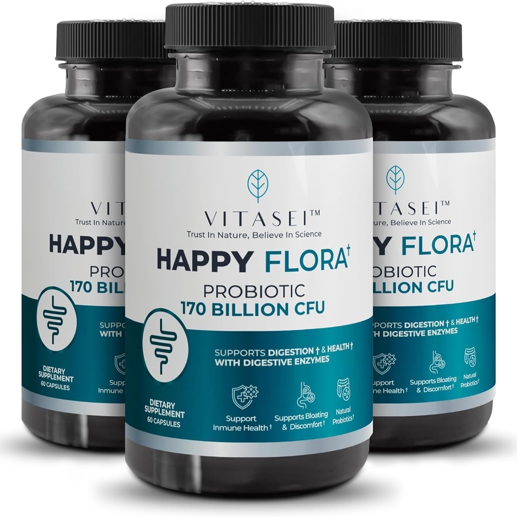 VITASEI Happy Flora, Probiotický dodatek 170 Miliardy CFU pro zdravé Gut zdraví s enzymy pro stravení, probiotika pro ženy a muže, 3 Láhev - 180 Kapsle