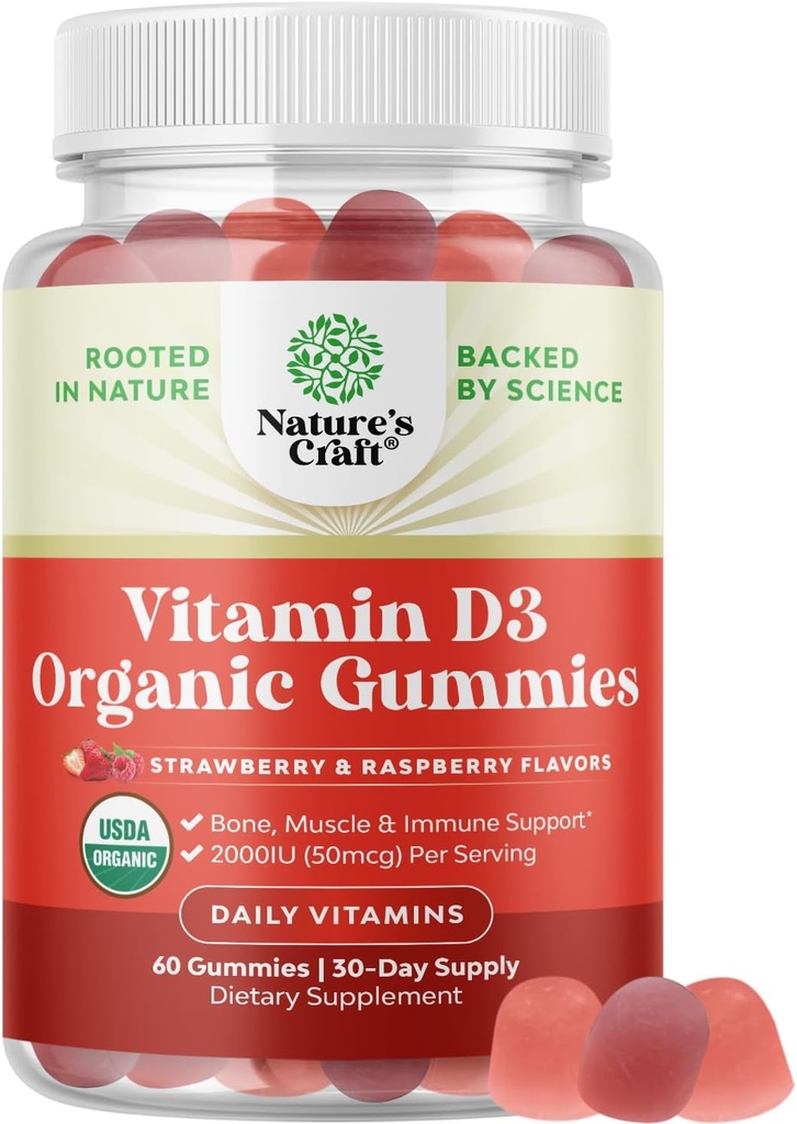 Organický vitamin D3 Gummies pro ženy a muže - Vitamin D Gummies 2000IU per Serving for Bone Health, Muscles & Imunitation Supplement - Non- GMO doplněk pro dospělé - Želatina & gluten zdarma - 60 Gums
