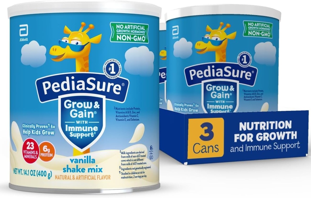 PediaSure Grow & Gain s imunitní podporou Shake Mix Powder, 23 Vitamíny & Minerály, 6g Protein, Non- GMO, gluten- Free, Vanilla, 14.1 oz Can, Balení 3-24 porcí