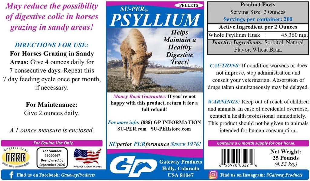 SU-PER Psylium Pellets Equine Supplement - Udržuje zdravý trakt v koních - Podporuje odstranění písku a špíny ze střevního traktu - 25 liber, 6 měsíců Dodávka