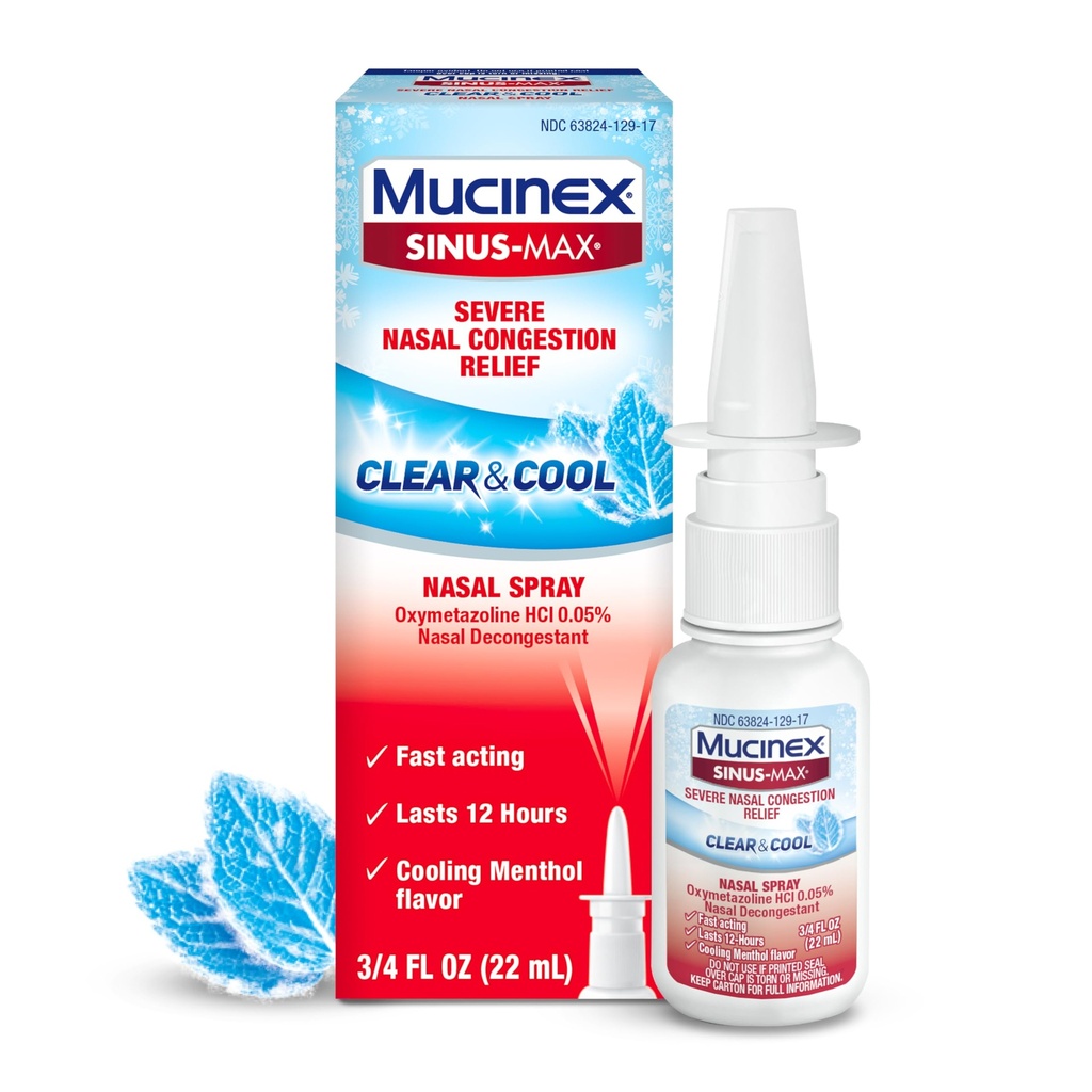 Mucinex Sinus- Max Nasal Spray Decongestant, 12 hodin over- the- Counter Medication Nose Spray for Sinus Relief, Nasal Decongestants for Dospělí & Sinus Congestion, Chlazení Menthol, 0.75 Fl Oz