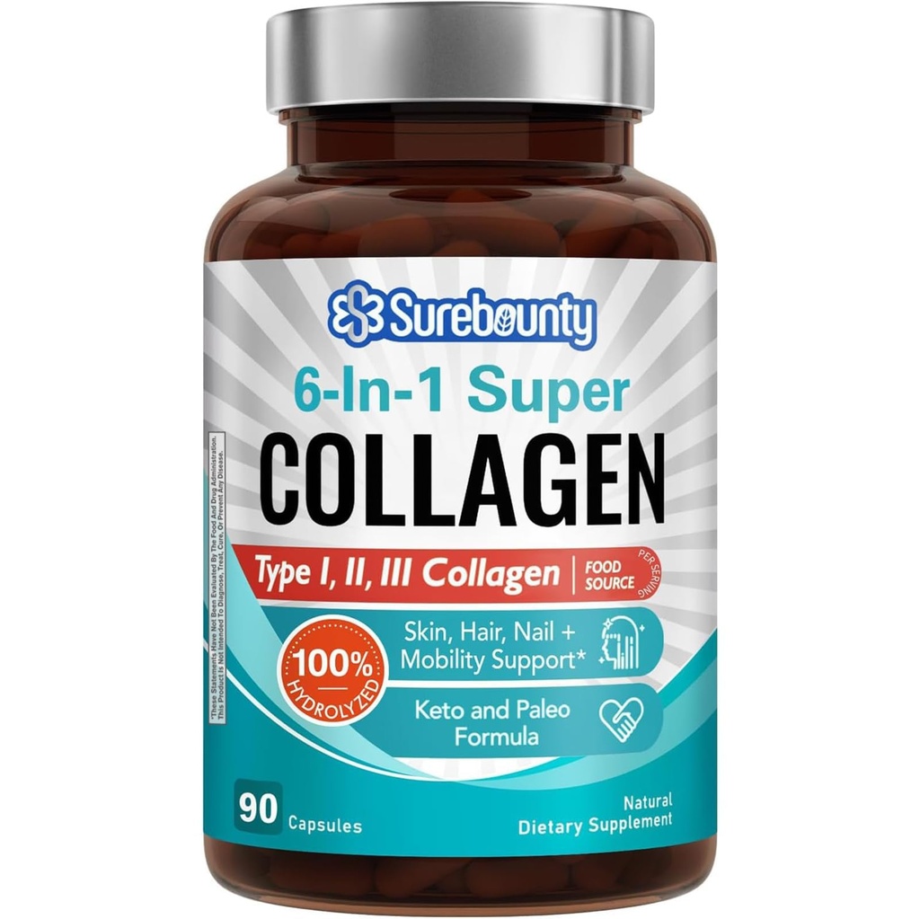 Multikolagenový komplex, typ I, II, III, 6- in-1 Super kolagen s vitamínem C, hyaluronová kyselina, biotin, kurkuma, černý pepř, Keto, 90 Kapsle