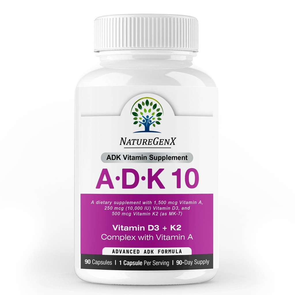 ADK10 - ADK vitamin dodatek 124; vysoká potence vitaminy A, D3 (10000 IU) & K2 MK-7 pro kosti, srdce a imunitní zdraví 124; 90 malé kapsle 124; 3 měsíční dodávky 124; Non- GMO, gluten zdarma