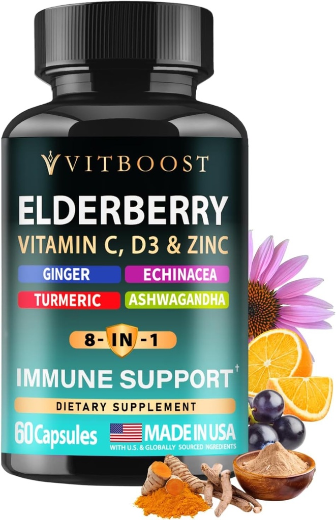 Bezinky Imunitní Supplement 8-in-1 Formule s Echinacea, Vitamin C & Zinek, Vitamin D 5000 IU, Kurkuma, Zázvor, Ashwagandha - 60 Kapsle