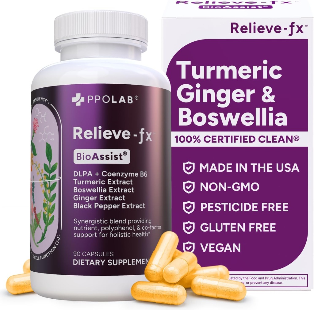 Relieve- fx ™ DLPA Boswellia Turmeric and Ginger Supplement, Stress Relief, Heart, Digestion, Svalová křeč, Joint, Zánět zdraví, Vitamin B6 P5P, Boswellic Acid, Kurkumin s Black Pepper - 90ct