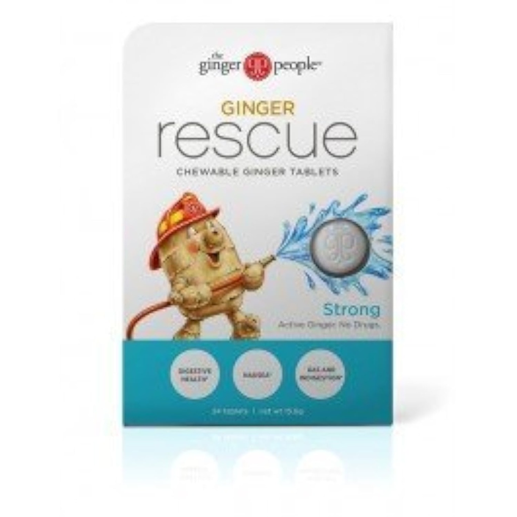 Ginger People Ginger Rescue ® Chewable Tablety Drogy zdarma stravitelné zdraví, 5.5 oz Žvýkací tablety, Silný Ginger Flavor, 0.55 Oz, 10 Count Caddy (240 Tablety)