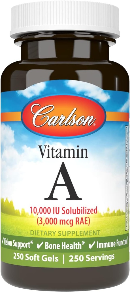 Carlson - Vitamin A Rozpustný, 10000 IU (3000 mcg RAE), Rozpustný ve vodě, Vision Health, 250 Softgels