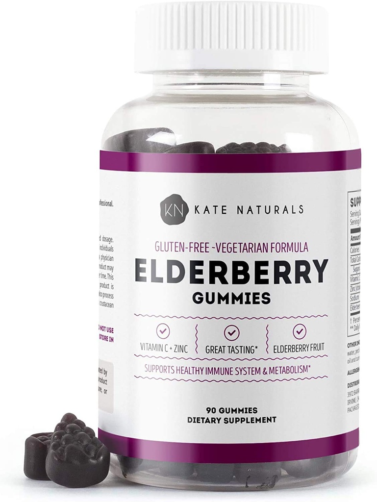 Kate Naturals Elderberry Gummies s vitamínem C a zinkem pro dospělé a děti. Chutné Sambucus Elderberry Gummies pro imunitní podporu (90 Gummies, 45 Day Supply)