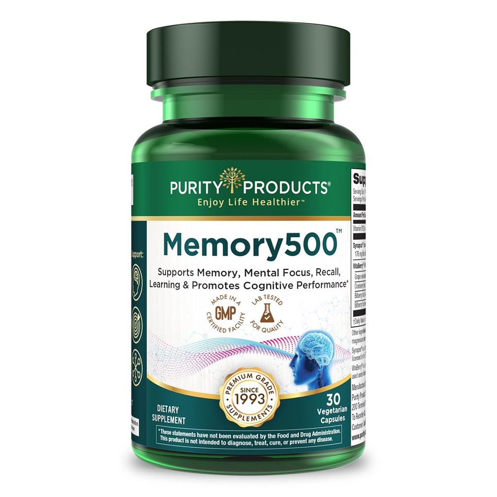 Čistota Produkty Memory500 Bacopa monniera / Brahmi Elite Nootropic Complex - Podporuje špičkové kognitivní výkon *, zvýšení rychlosti učení * a zdravé paměti & Recall * - 30 Vegetariánské Caps