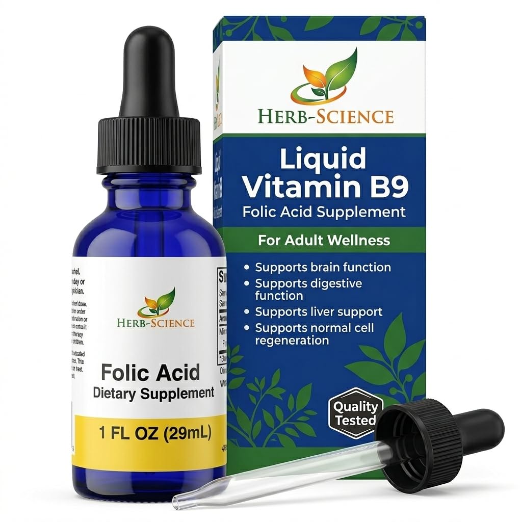 Tekutý vitamin B9 Folic Acid doplňky - VIT B Kapky pro mozek a trávicí funkce, Podpora jater - gluten- Free, Non- GMO, Vegan - Nutriční dodatek pro dospělé - 1 fl. oz.