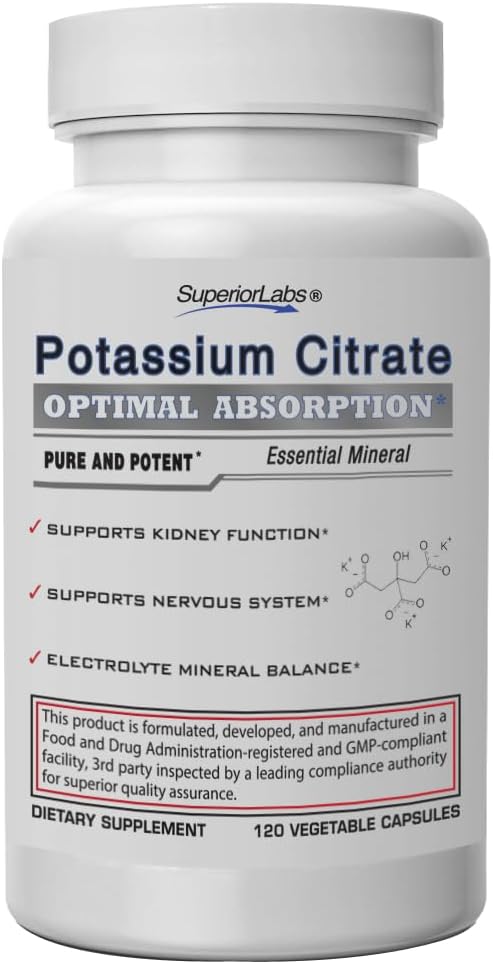 Superior Labs Draslík Citrát 100 mg, Pure Non- GMO Electrolyte Mineral, Additive- Free, Ledvina Kámen & pH Podpora, Svalová křeč Relief, Srdce & Nerve Funkce, Alkalizační bilance, 120 Veg Caps