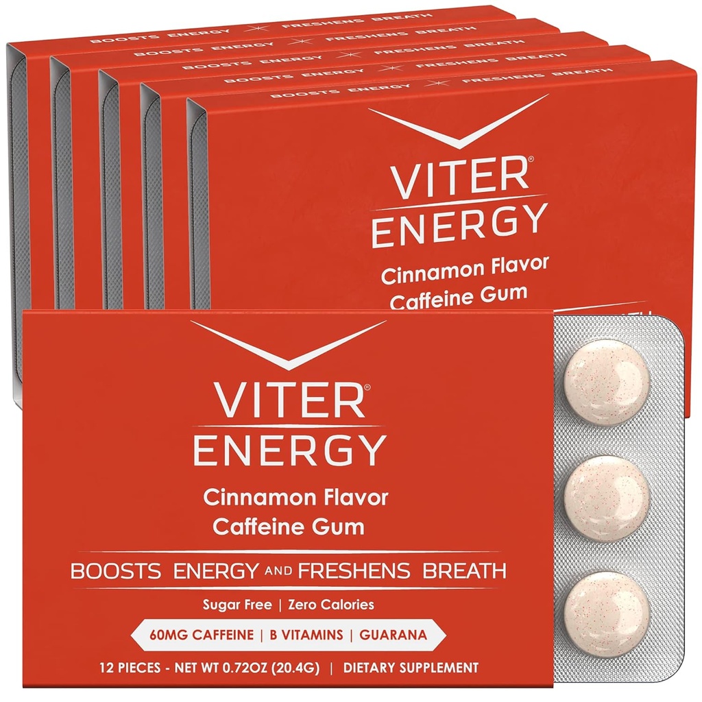 Viter Energy Caffeined Gum 60mg Caffeine, B Vitamíny, Guarana, Cukr zdarma. (Skořice, 12ks, 6 Pack)