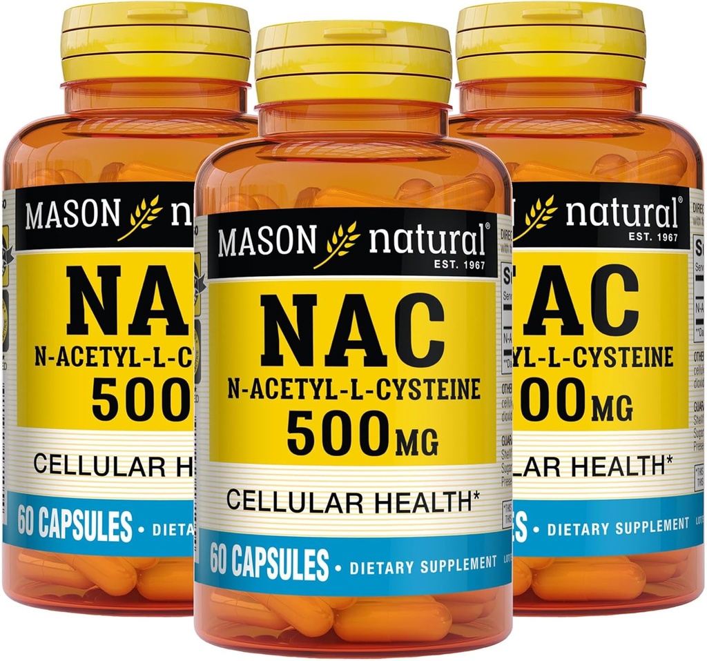 Mason Natura NAC N, Acetyl, L, Cysteine 500 mg, 6 měsíční zásoba, podporuje normální buněčné zdraví, imunitní systém posilovač pro všeobecné Wellness, 3 balení