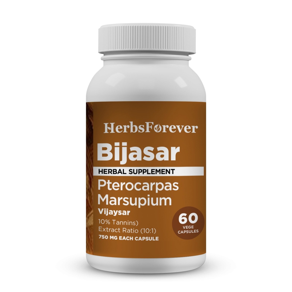 HerbsForever Bijasar (Indian Kino Tree, Malabar Kino) -Extra Strength (10: 1) Extract, Equiv.to 4800mg Bark Powder Per Serving- Játra Support & Detox Blood Sugar & Purity Factory 124; 10% Tannins phase 124; 60 Veg Kapsle 124; 800mg