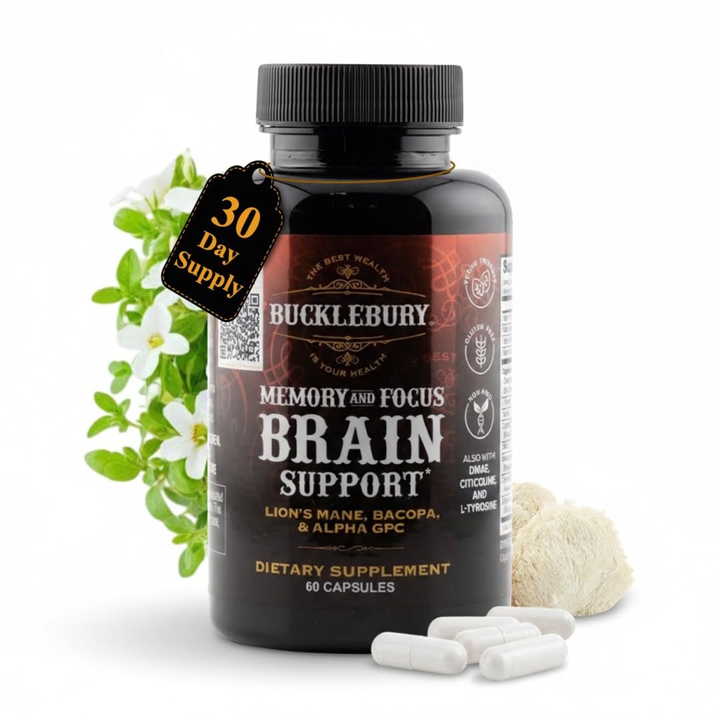 BuckLEBURY Brain and Memory Supplements with Bacopa & Alpha GPC - Nootropní Brain Capsules for Cognitive Support, Focus & Mental Clarity - Paměťové a Focus pilulky pro ženy a muže - Vegan 60 Kapsle