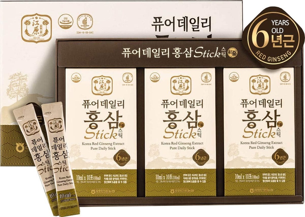 Gangwoninsam] Korean Red Ginseng Extract Pure Daily Stick 30 Count - Obsahuje 6 Rok Korean Red Ginseng Extract, Korean Food, Individual Packaged, 0.35 f. oz (10ml), 3 X 10-Count Box