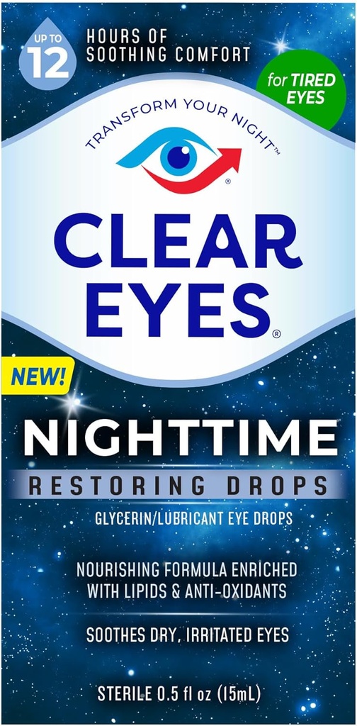 Clear Eyes Nighttime Obnovení oční kapky, Bezpečné pro noční používání po dobu 12 hodin Soothing Comfort, 0.5 Fl Oz