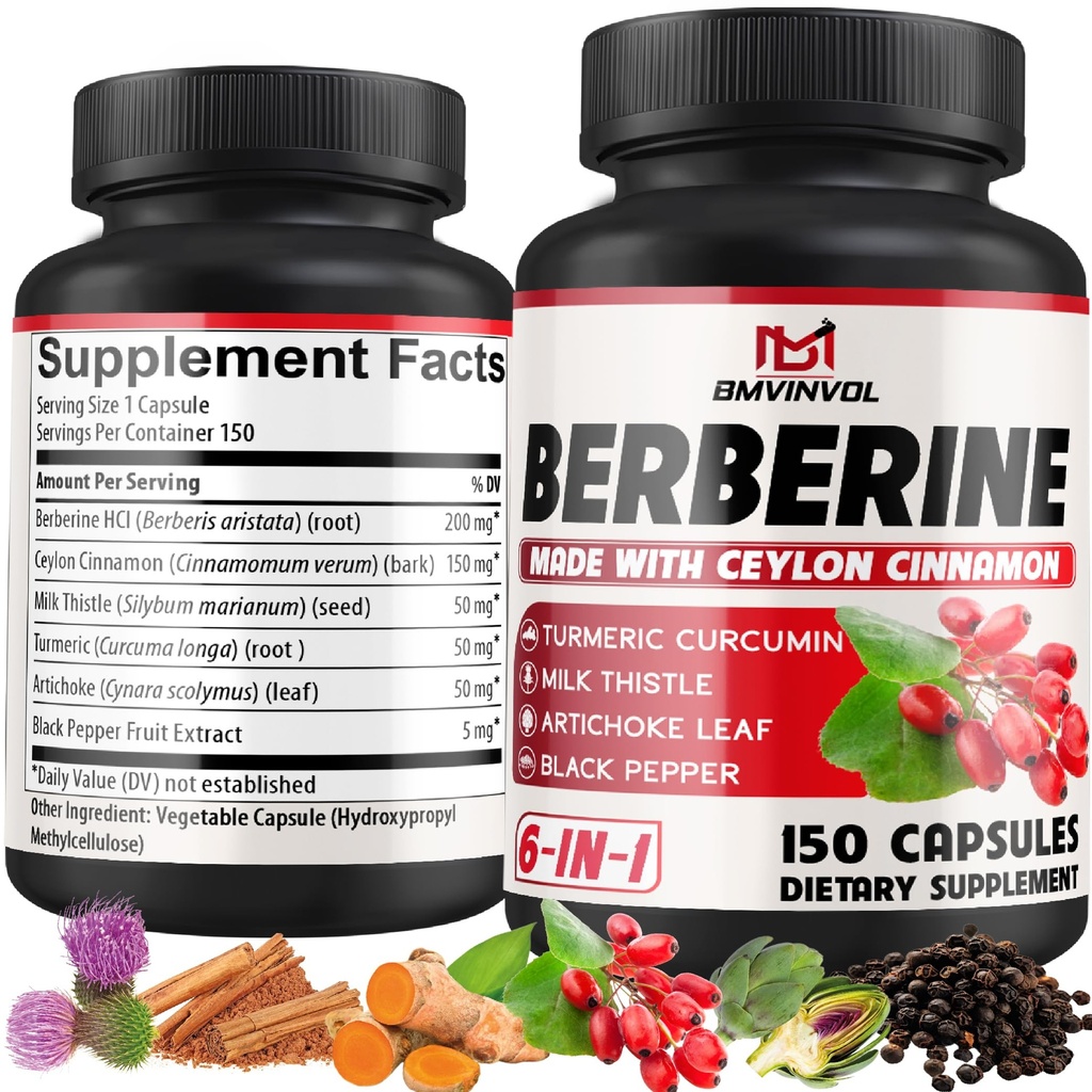 Berberine HCl, 150 Kapsle - Plus Ceylon Skořice, Kurkuma, Mléko Thistle, Umělec, Black Pepper, Berberine HCI Root Supplements Pills - imunitní systém