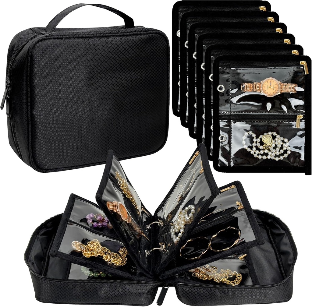 Pouzdro pro organizátora klenotů, tašky pro cestování, pouzdro na šperky s 24 Pcs Clear Zipper Velvet Pouches pro ukládání náušnic, prstence, náhrdelník, náramek, hodinky (černý)