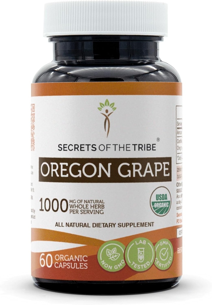 Tajemství kmene Oregon Grape USDA Organic Capsules CLAS124; Certified Organic Vegetarian Capsules, Bylinné dietní dodatek CLAS124; Mahonia aquifolium Sured Root (60 Počet)
