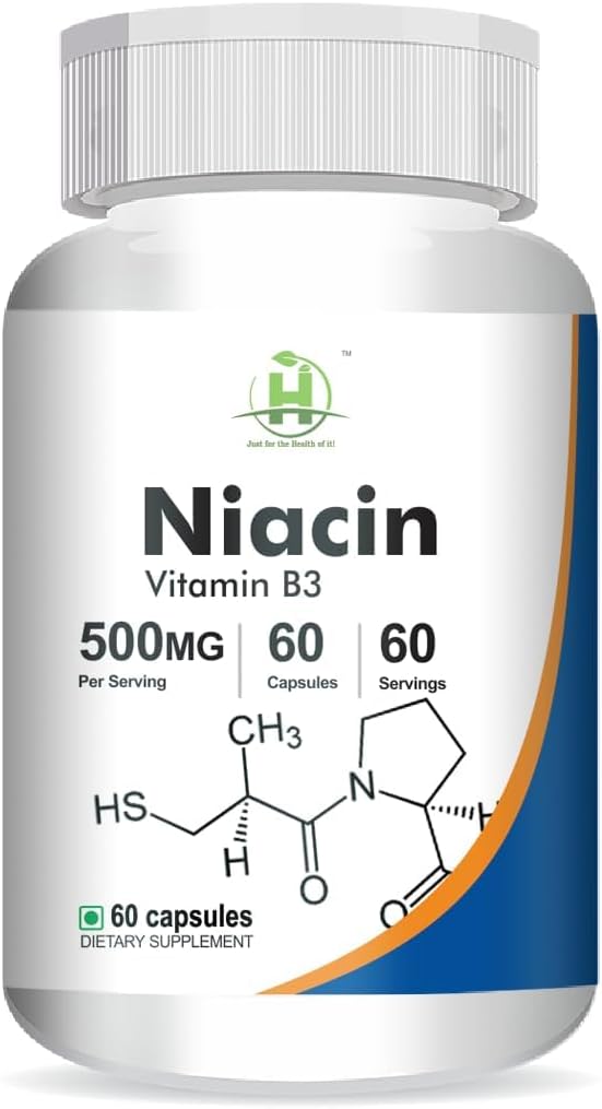 Generický niacin (vitamin B3) 500mg Energetické hladiny CLAS124; Zdraví pokožky - 60 Vegetariánských tobolek - Balení po 1 ks