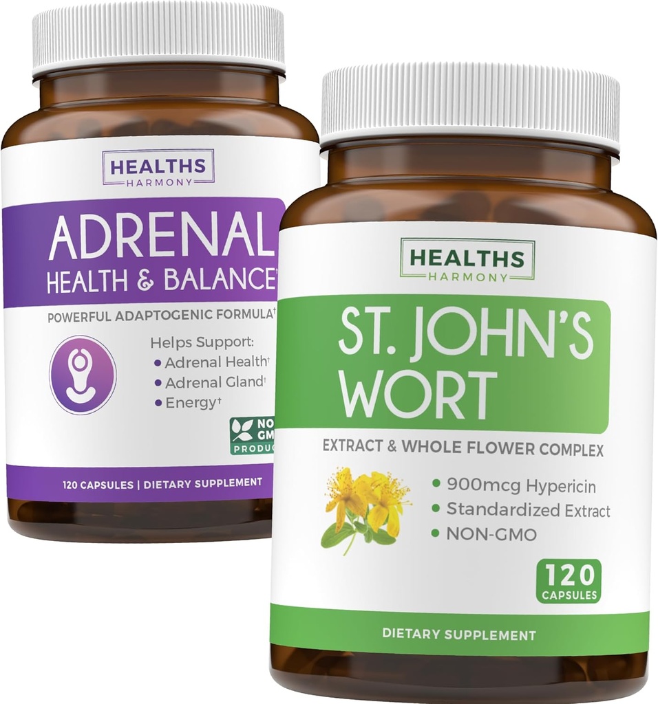 Adrenal & St. John 's Wort (4- Month Supply) Mood Harmony Pack - Adrenal Support with L- Tyrosin (120 Kapsle) & St. John' s Wort with Powerfil 900mcg Hypericin 500mg per Capsle (120 Kapsle)