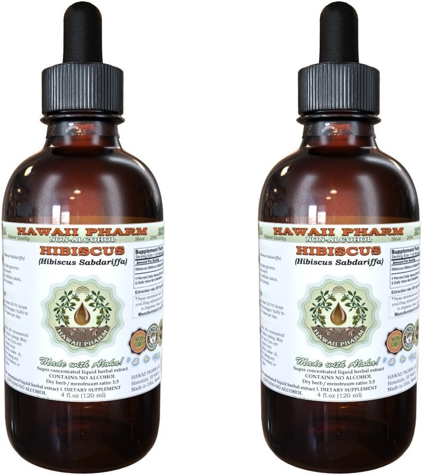 Hibiscus Alcohol- Free Liquid Extract, Organic Hibiscus (Hibiscus Sabdariffa) Sušené květiny Glycerite Hawaii Pharm Natural Herbal Supplement 2x2 oz