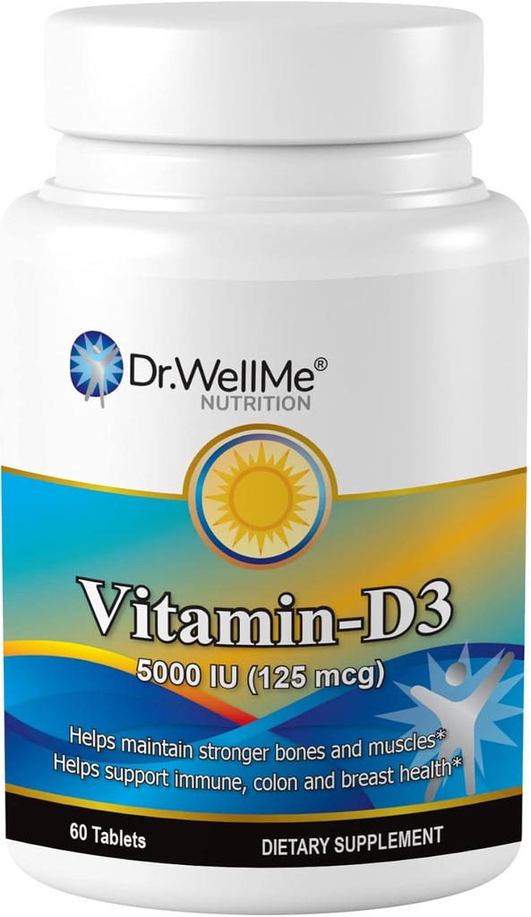 Vitamin D3-5000 IU, dodatek stravy pro extra sílu kosti, svalovou a zdravou imunitní podporu, 60 tablet Easy- to- polykání Baleno na 2 měsíce
