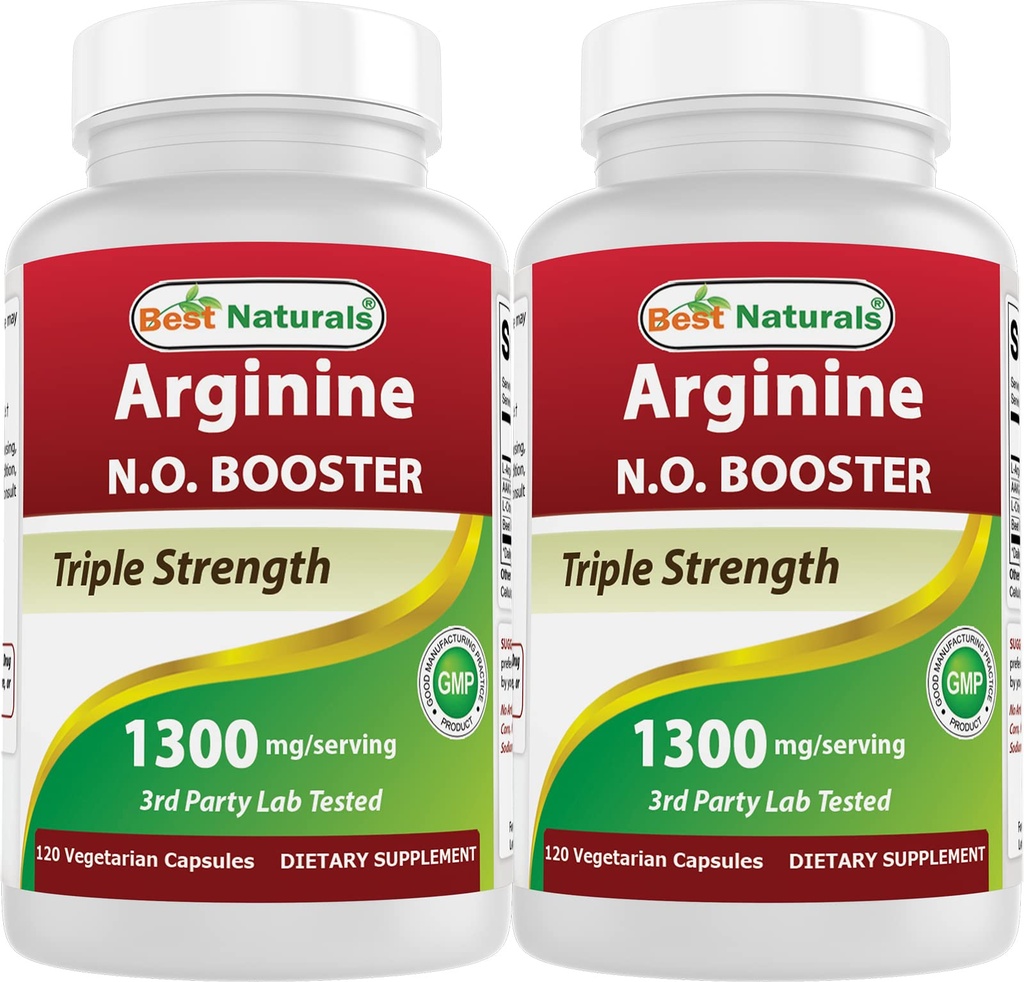 Nejlepší Naturals L- Arginine NO Booster Triple Strength 1300 mg Podání 120 Veg Kapsle (120 Počet (Balení po 2))