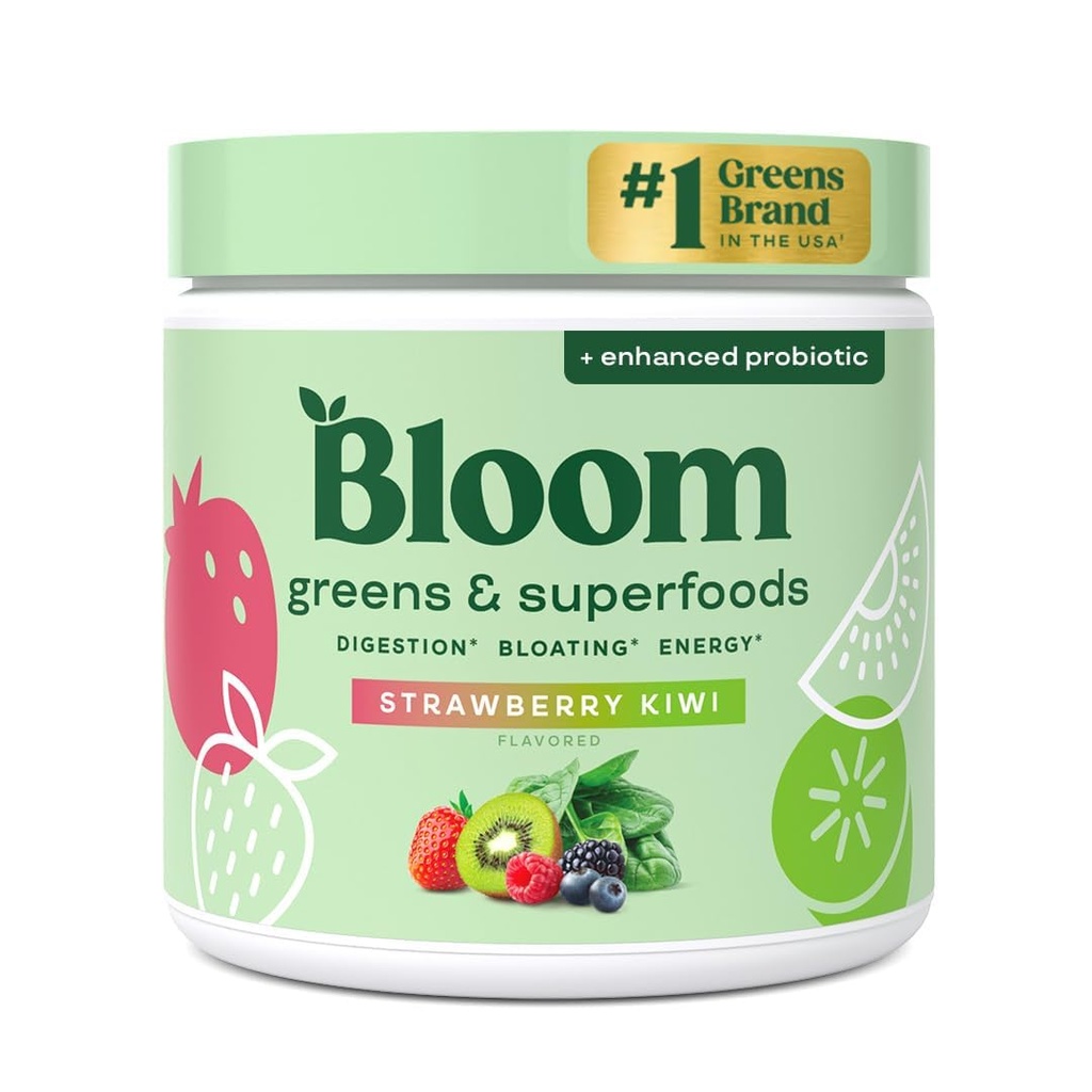 Bloom Nutrition Green and Superfoods Powder for Digestive Health, Green Powder, Digestive Enzymy, Probiotika, Spirulina, Chlorella for Bloating & Gut Support, Green Juice, 30 SVG, Jahodové kiwi