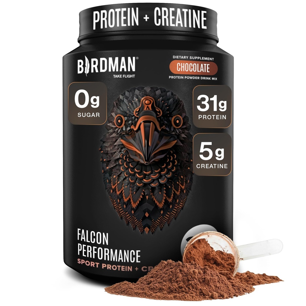 Birdman Falcon Performance Vegan Protein Powder, 31g Protein, 5g Creatine, 5g BCAA, Probiotika, Electrolytes, Pre Workout, Low Carb, Cukr zdarma & mlékárenské zdarma, Plant Based Chocolate Protein -19 porces