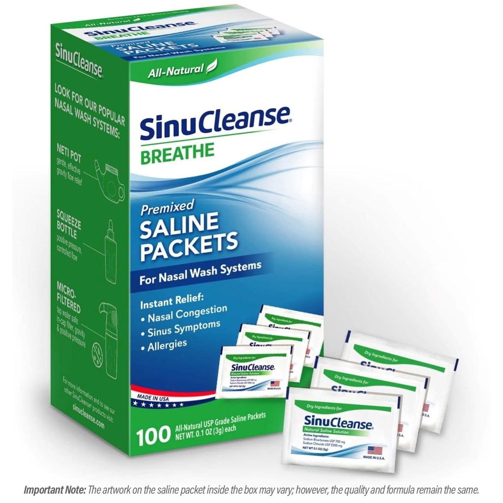 SinuCleanse Pre- Mixed Saline Packets pro Sinus Rinse a Nasal zavlažovací systémy, 100 Počet, Made in USA, All- Natural, Pharmaceutical Grade a PH Balanced