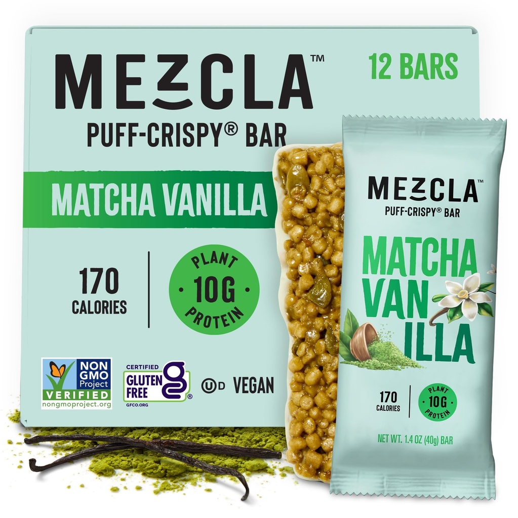 Mezcla Puff Crispy Protein Bars, Gluten Free & Vegan Protein Bars, 10g Protein, Alt for Crispy Rice Treat, Granola Bars & Breakfast Bary, Zdravé svačiny pro dospělé, Matcha Vanilla, 12 Pack