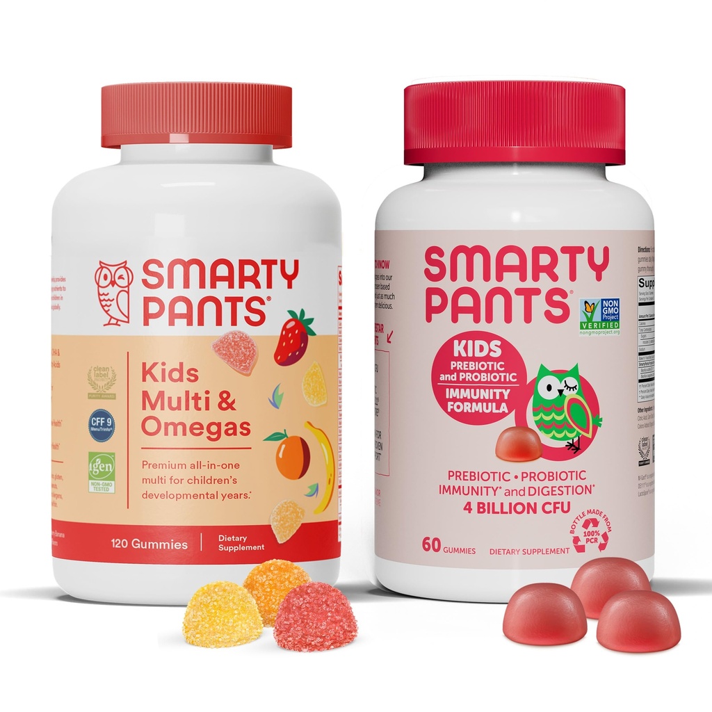 SmartyPants Kids Multivitamin Gummies a Probiotic Imunity Bundle: Omega 3 Fish Oil (EPA / DHA), Vitamin D3, C, Vitamin B12, B6, Digestive & Imunitation Supplement (30 Day Supply)