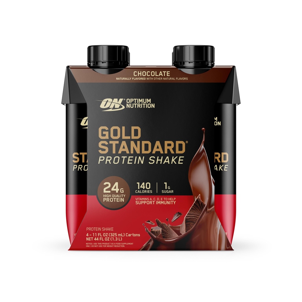 Optimum Nutrition Gold Standard Protein Shake, 24 g protein, připraven k pití protein Shake, gluten zdarma, Vitamin C pro imunitní podporu, Čokoláda, 11 Fl Oz, balení po 4 (Balení květen Vary)