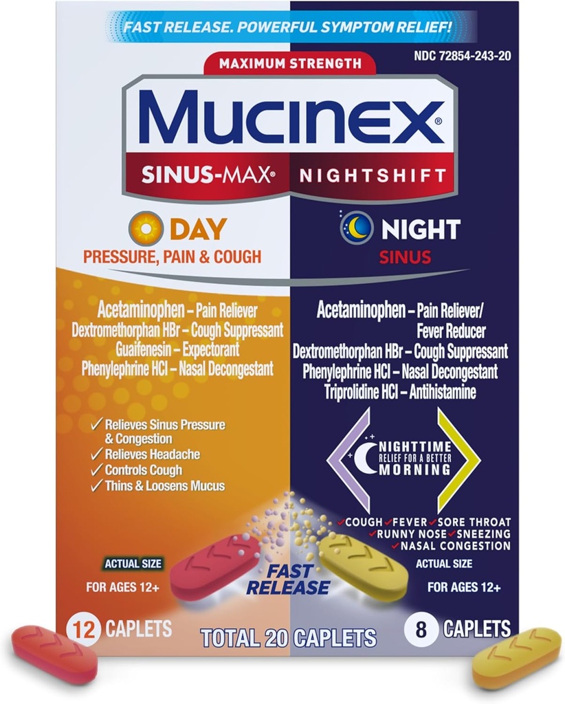 Tlak mucinexu, bolest a kašel a noční posun ® Sinus Caplets 20ct